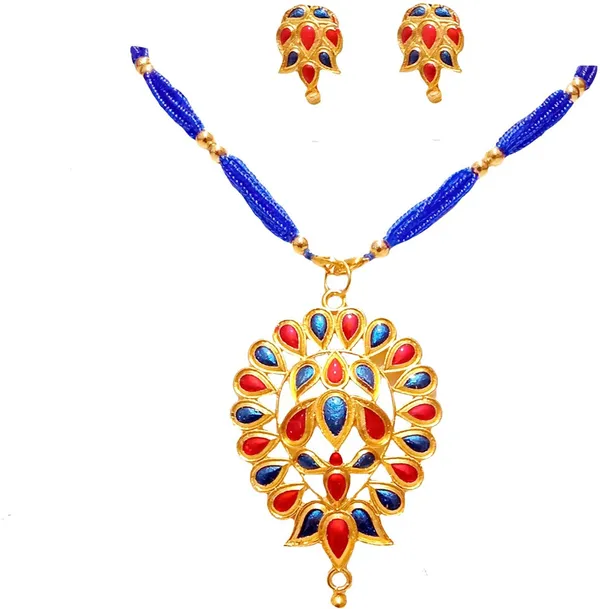 Assamese_Traditional_Gold_Plated_Red_Blue_Minakari_Dugdugi_Tassel_Jewellery_Set_For_Women
